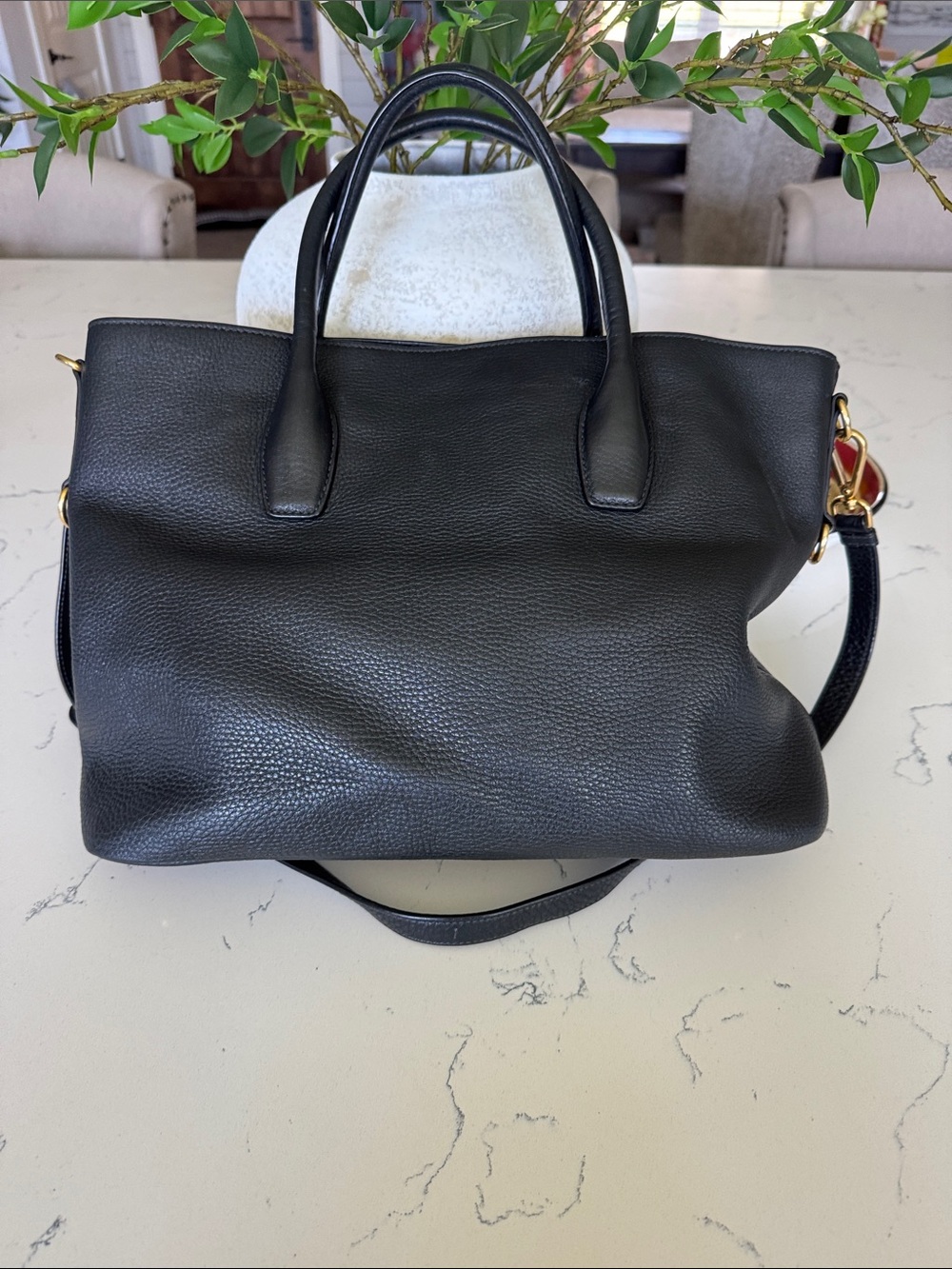 Prada Black Pebbled Leather Satchel with Gold Logo and Strap - Picture 4 of 14